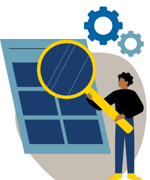 graphic of person holding magnifying glass reviewing documents